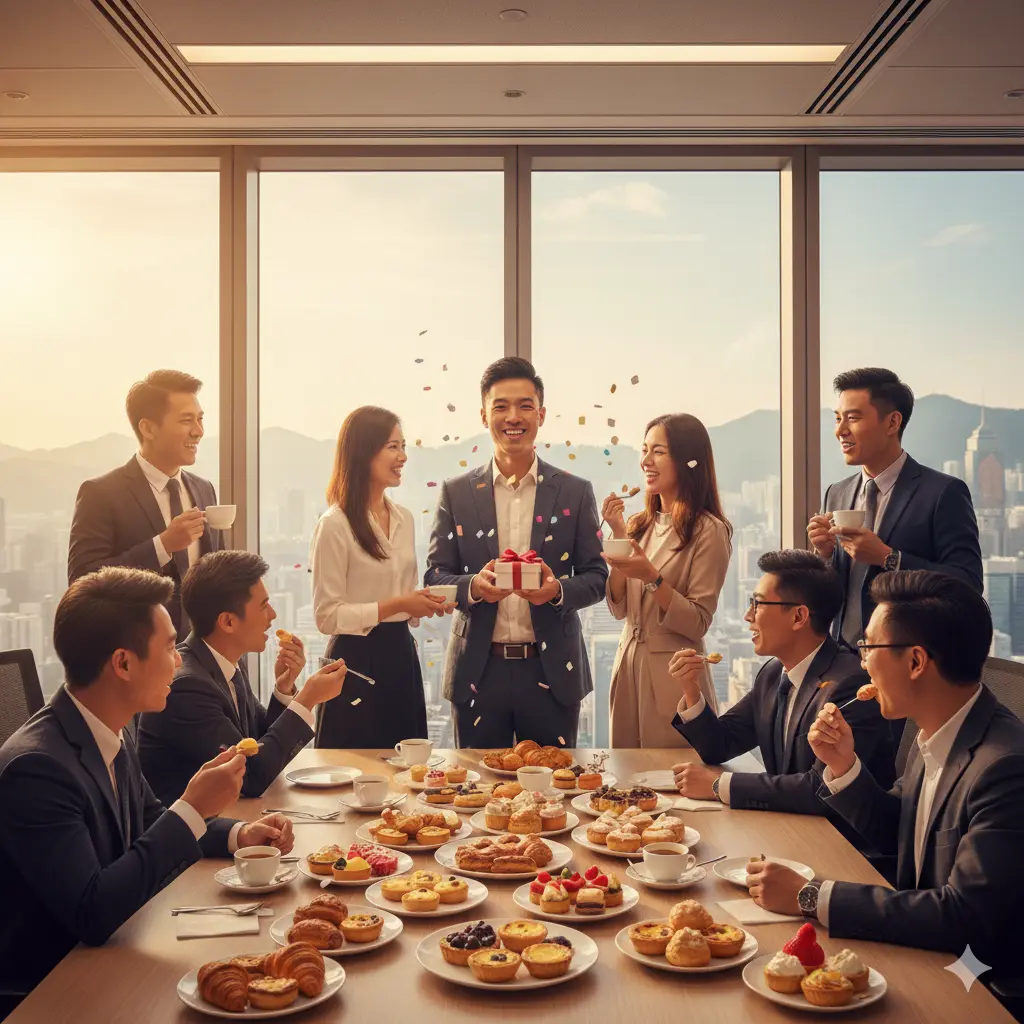 一群同事在現代辦公室中圍著擺滿糕點的桌子慶祝,窗外是城市景觀。